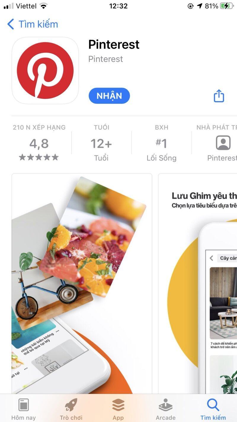 Tải ứng dụng Pinterest trên App Store đối với hệ điều hành iOS